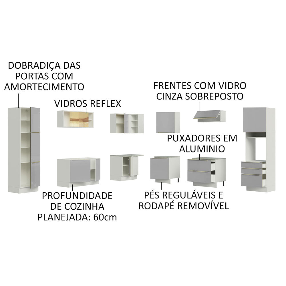 Armário de Cozinha Completa de Canto 546 x 60 cm Branco/Cinza Lux Madesa 01