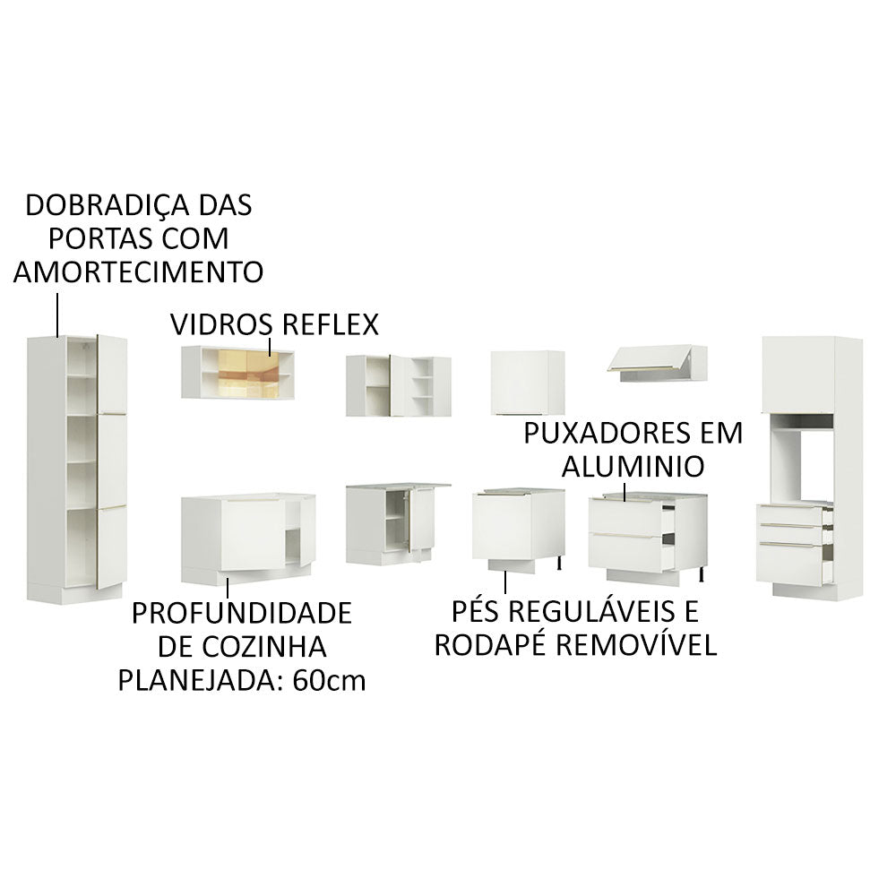 Armário de Cozinha Completa de Canto 546 x 60 cm Branco/Branco Veludo Lux Madesa 01