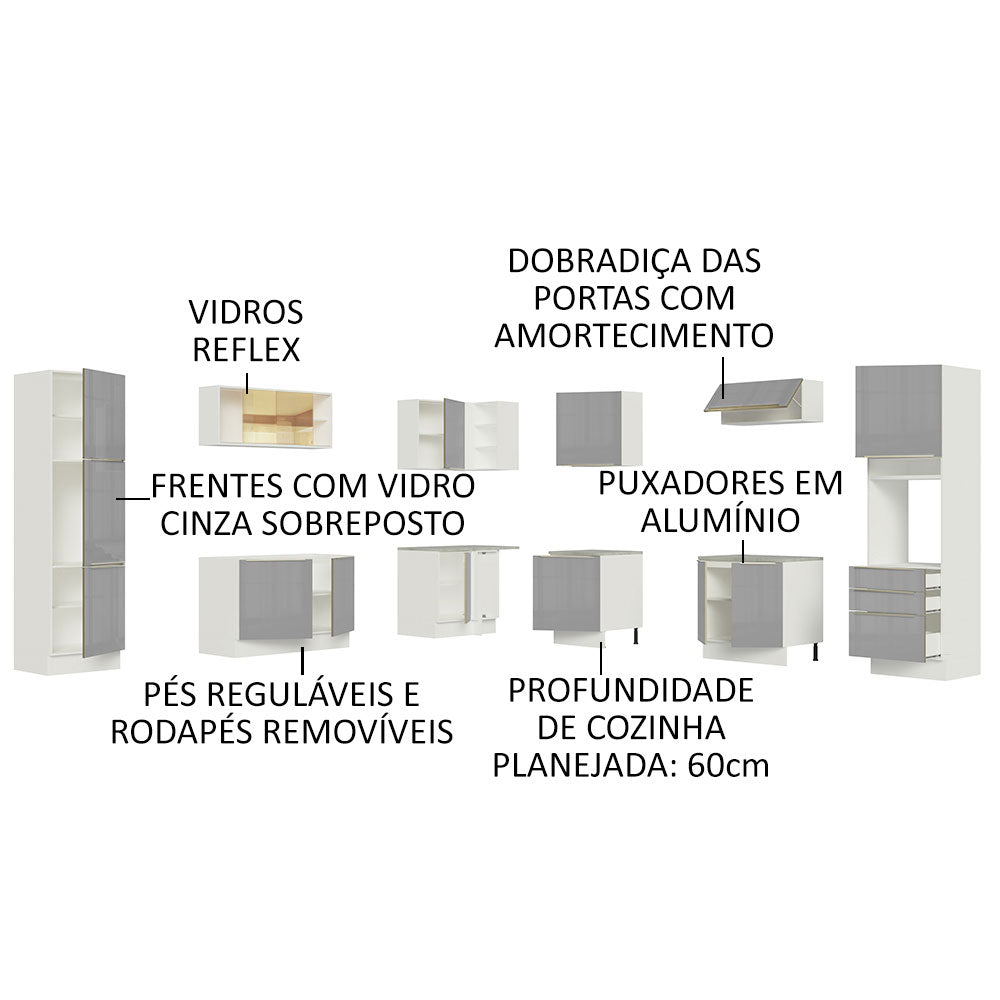 Armário de Cozinha Completa de Canto 546cm Branco/Cinza Lux Madesa 03