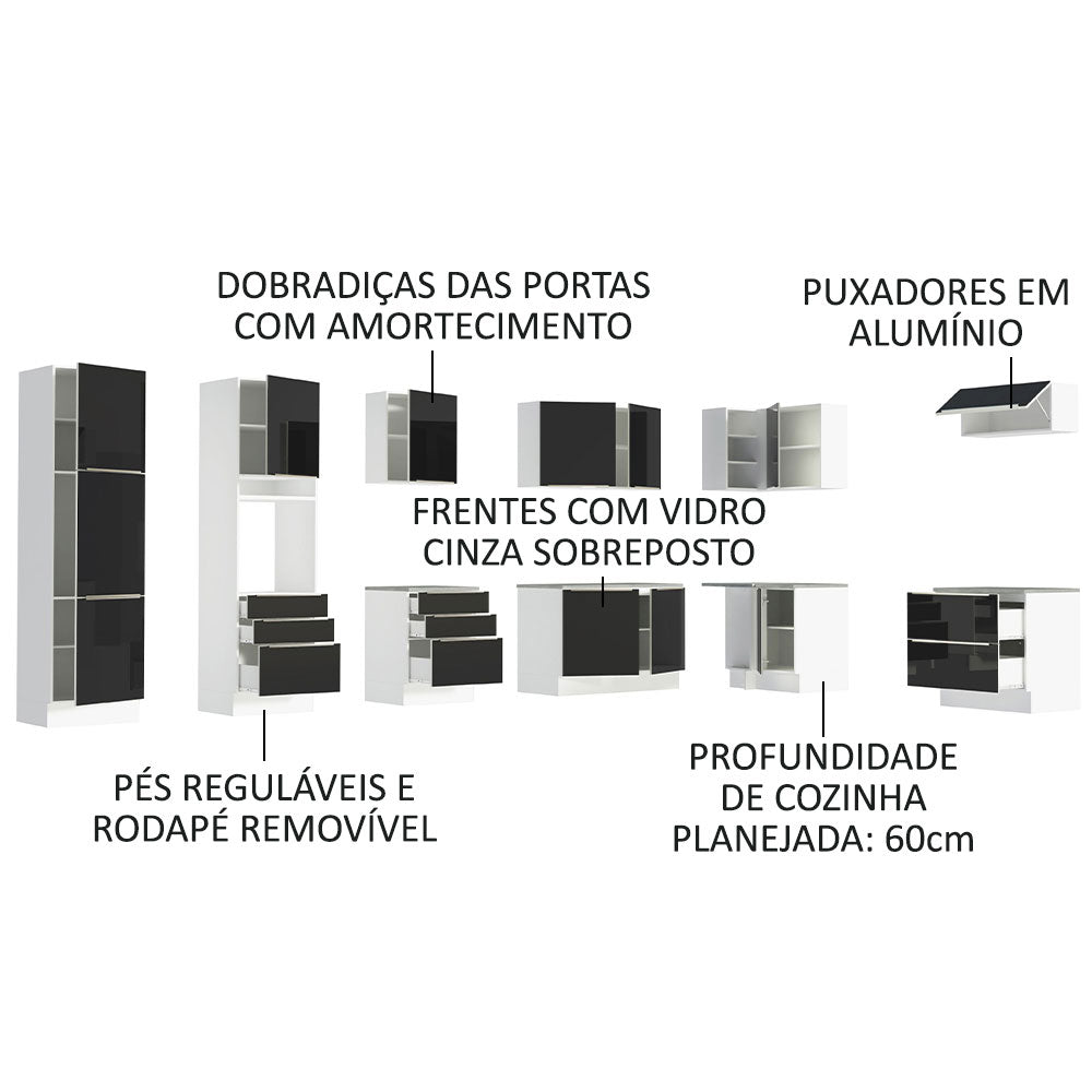 Armário de Cozinha Completa de Canto 546 x 60 cm Branco/Preto Lux Madesa 05