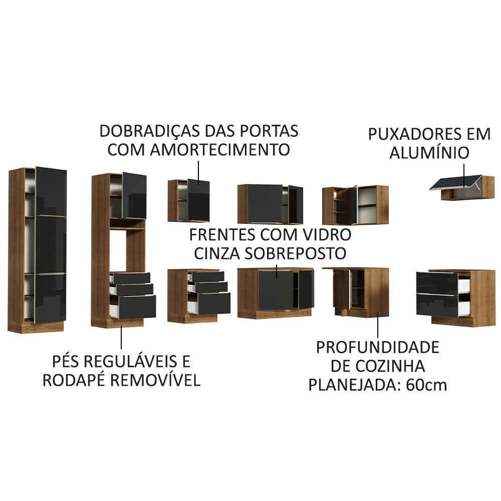 Armário de Cozinha Completa de Canto 546cm Rustic/Preto Lux Madesa 05
