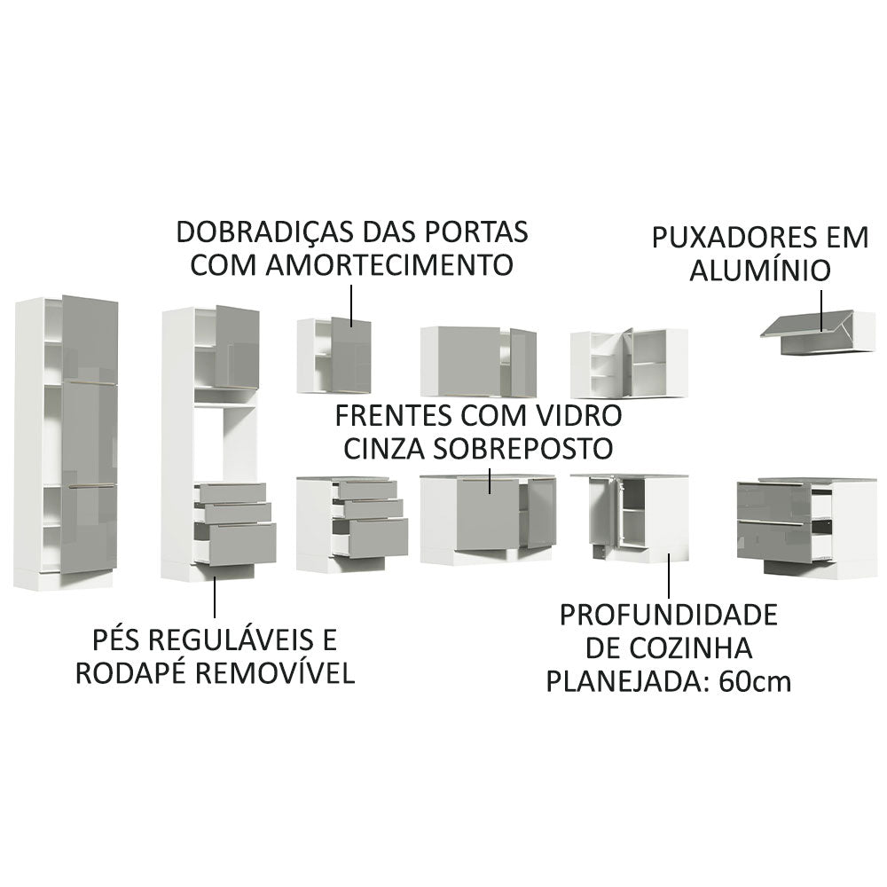 Armário de Cozinha Completa de Canto 546 x 60 cm Branco/Cinza Lux Madesa 05