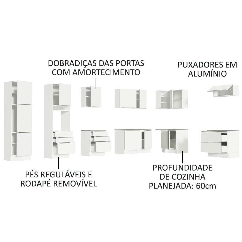 Armário de Cozinha Completa de Canto 546 x 60 cm Branco Veludo Lux Madesa 05
