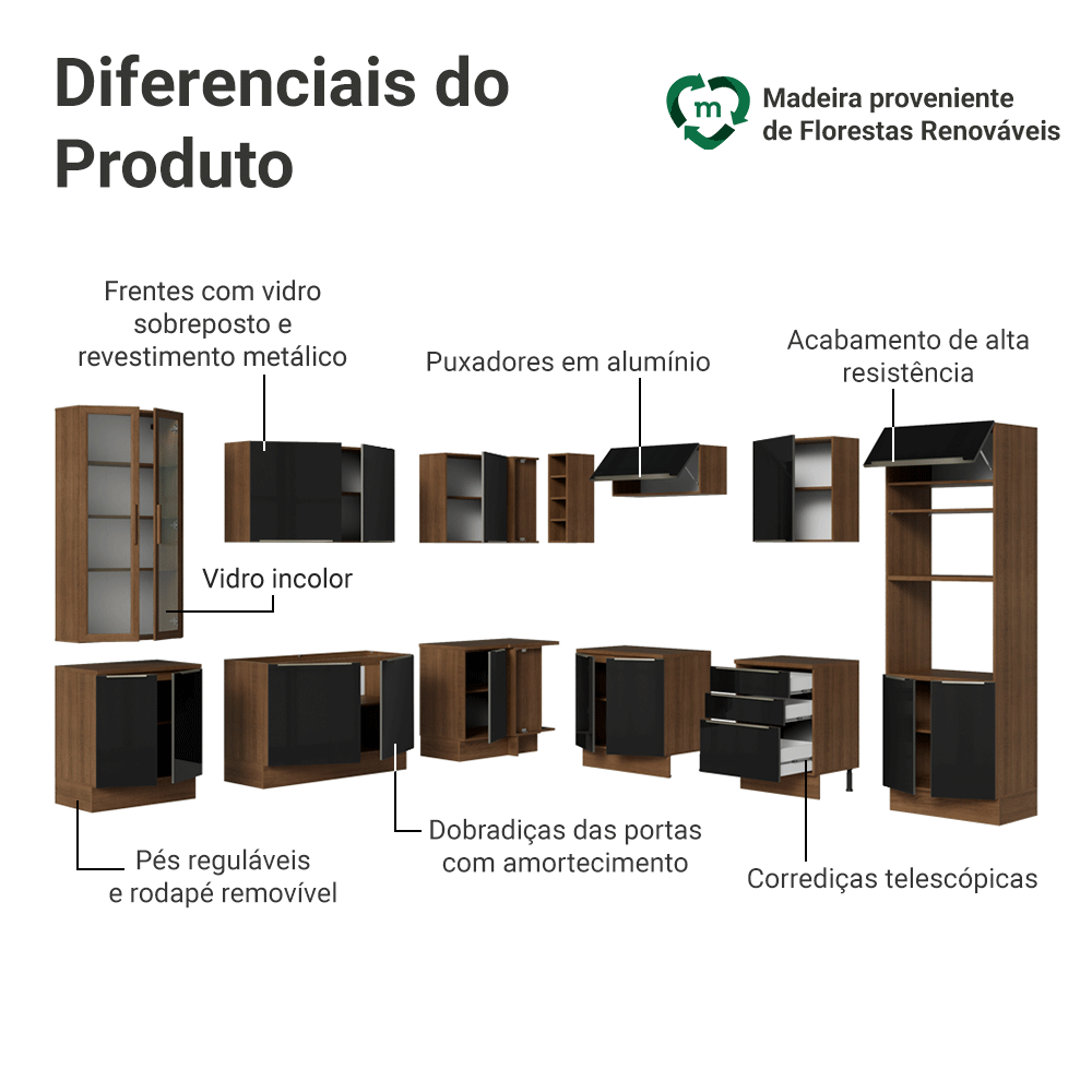 Armário de Cozinha Completa de Canto 549 cm Rustic/Preto Lux Madesa 01