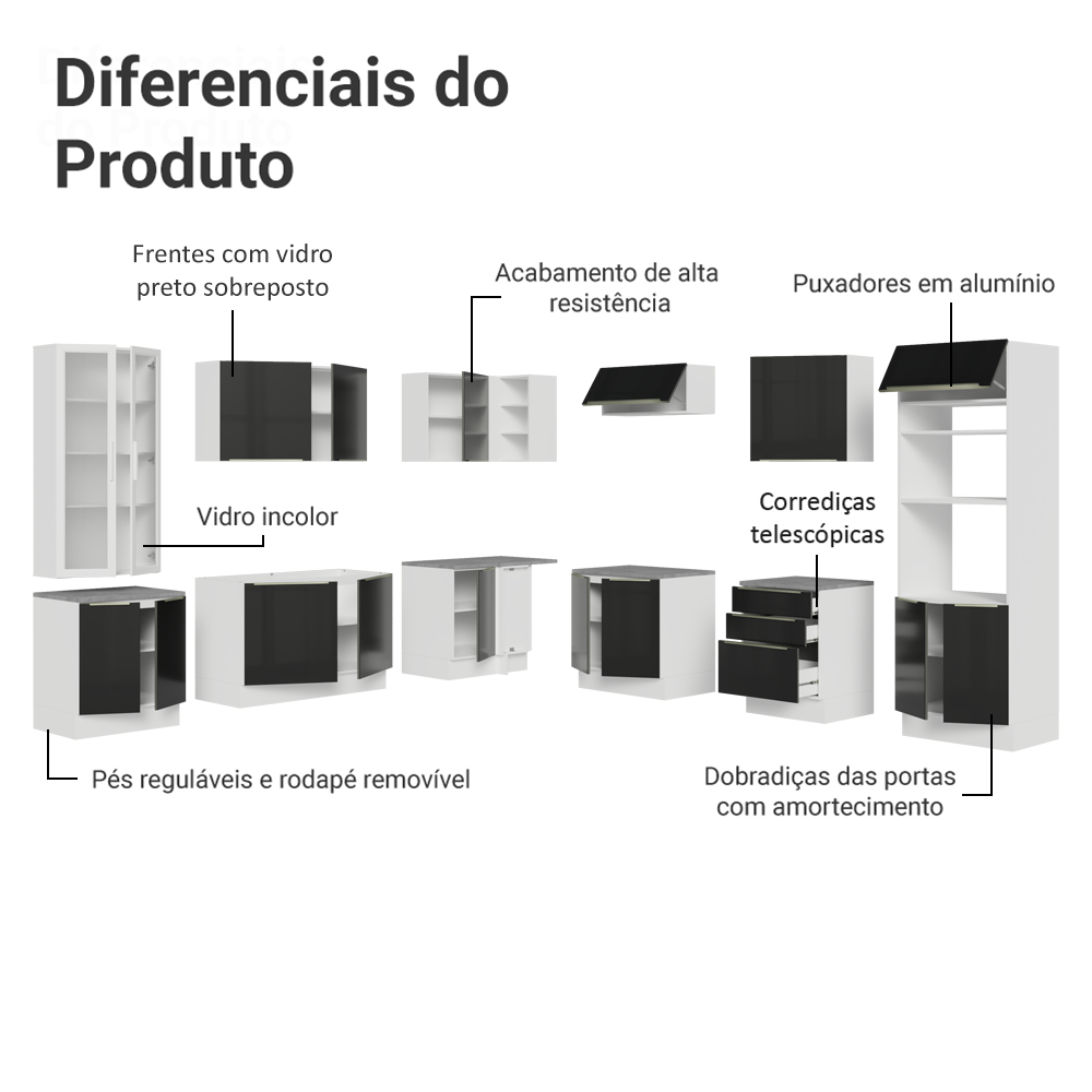 Armário de Cozinha Completa 566cm Branco/Preto Lux Madesa 01