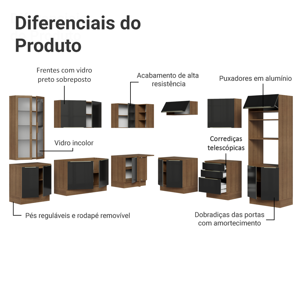 Armário de Cozinha Completa 566cm Rustic/Preto Lux Madesa 01