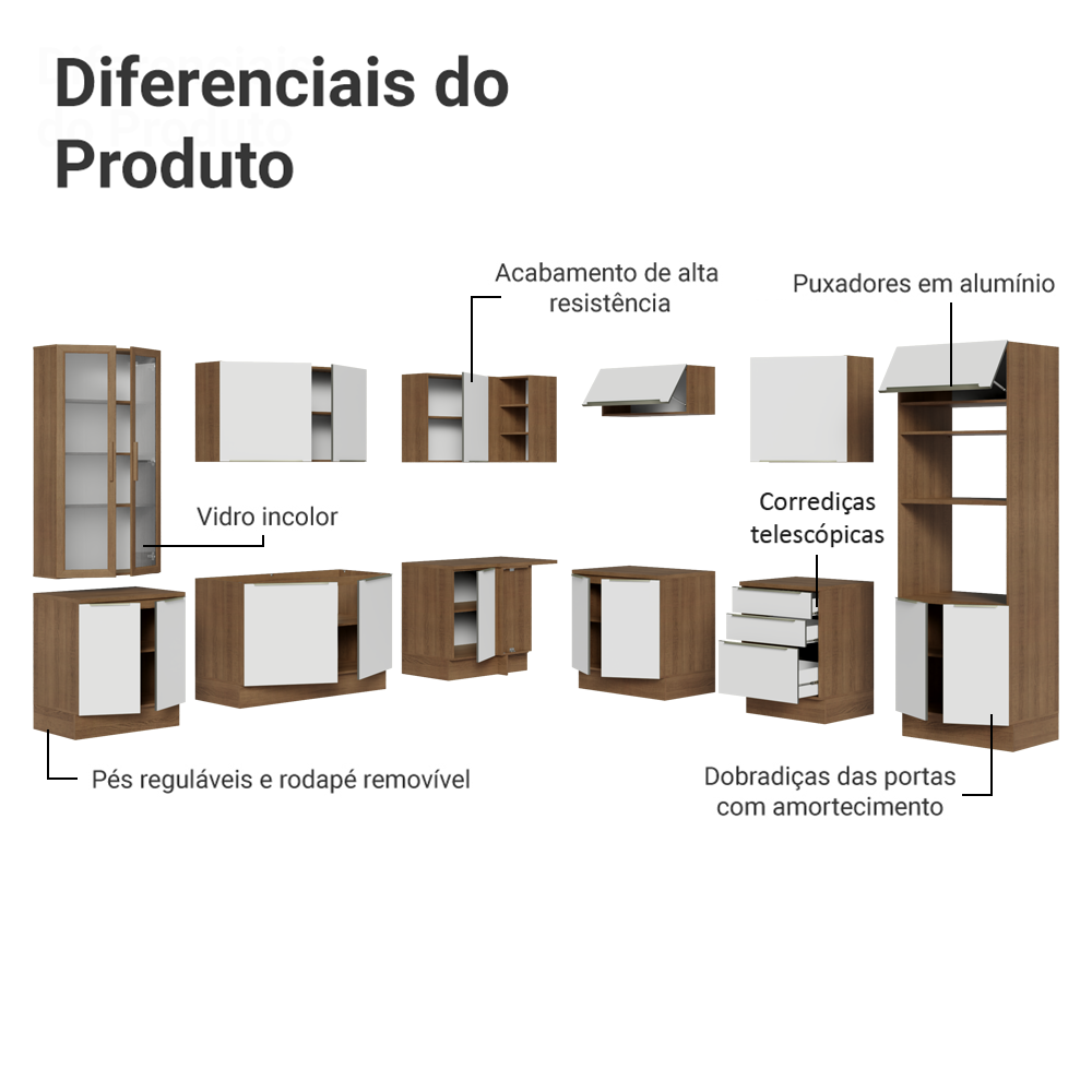 Armário de Cozinha Completa 566cm Rustic/Branco Veludo Lux Madesa 01