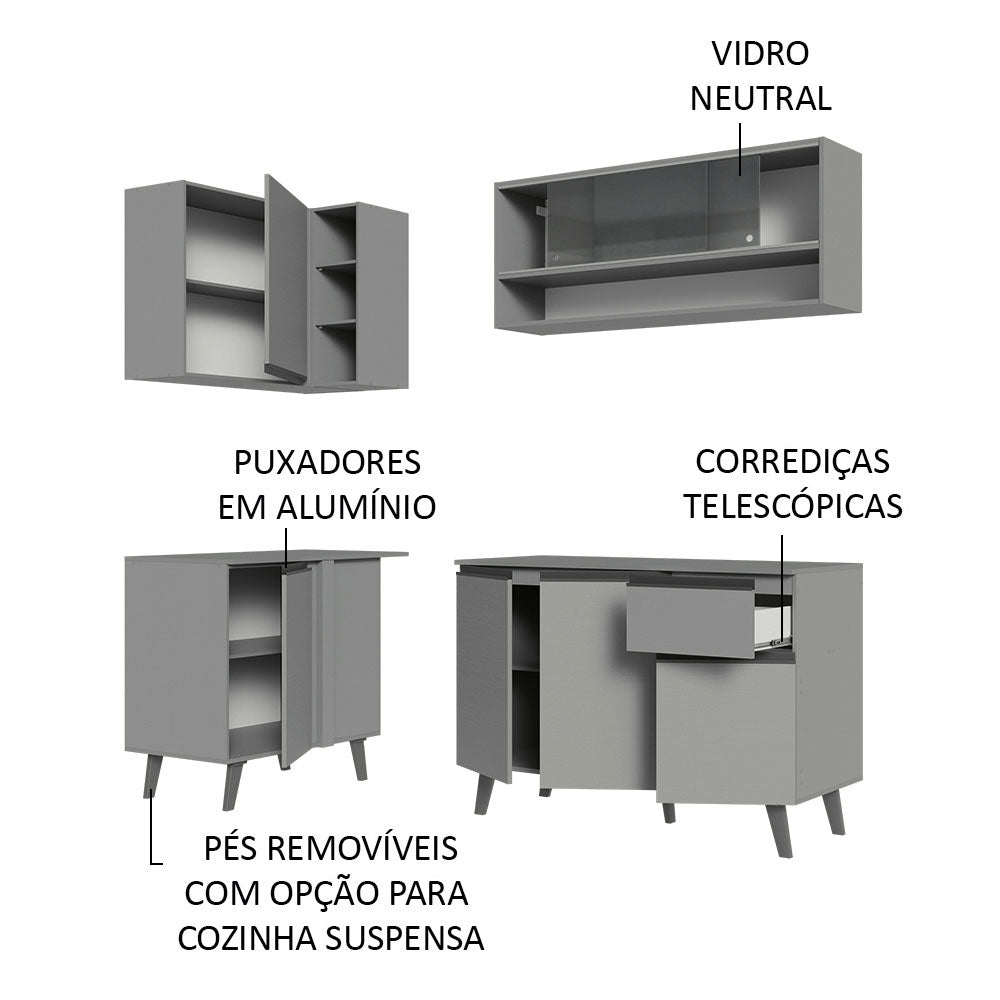 Armário de Cozinha Completa de Canto 265cm Cinza Nice Madesa 01