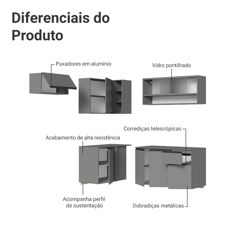 Armário de Cozinha Completa de Canto Suspenso 325cm Cinza Nice Madesa 01