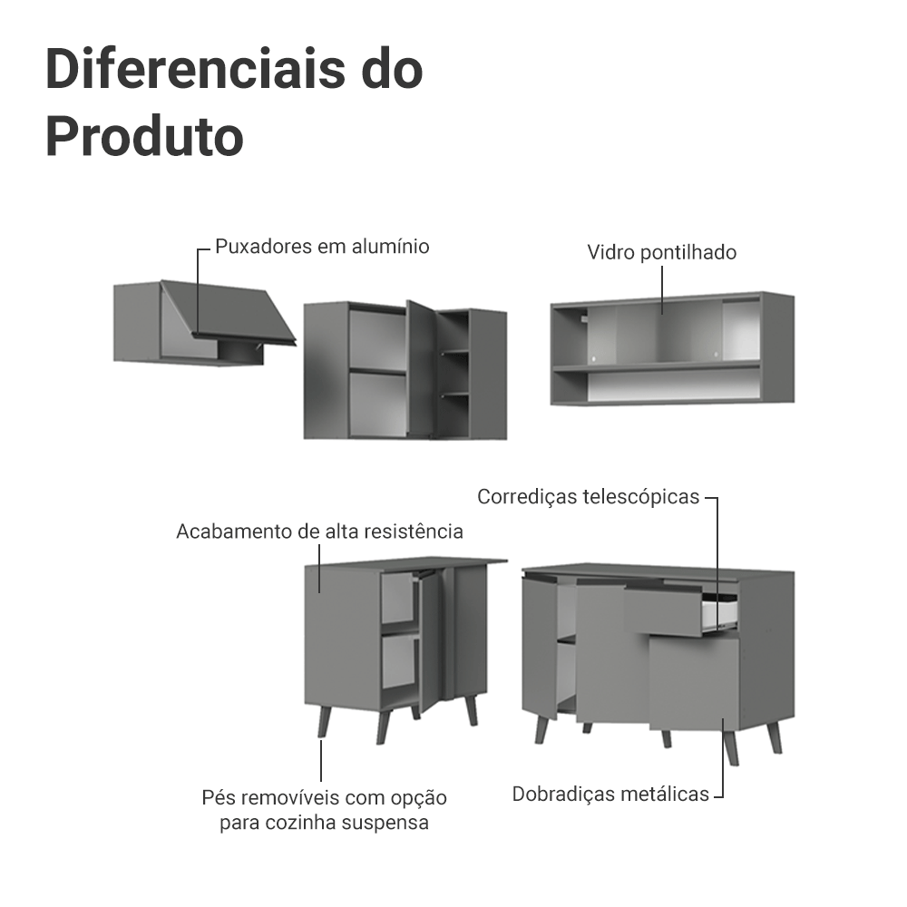 Armário de Cozinha Completa de Canto 325cm Cinza Nice Madesa 03