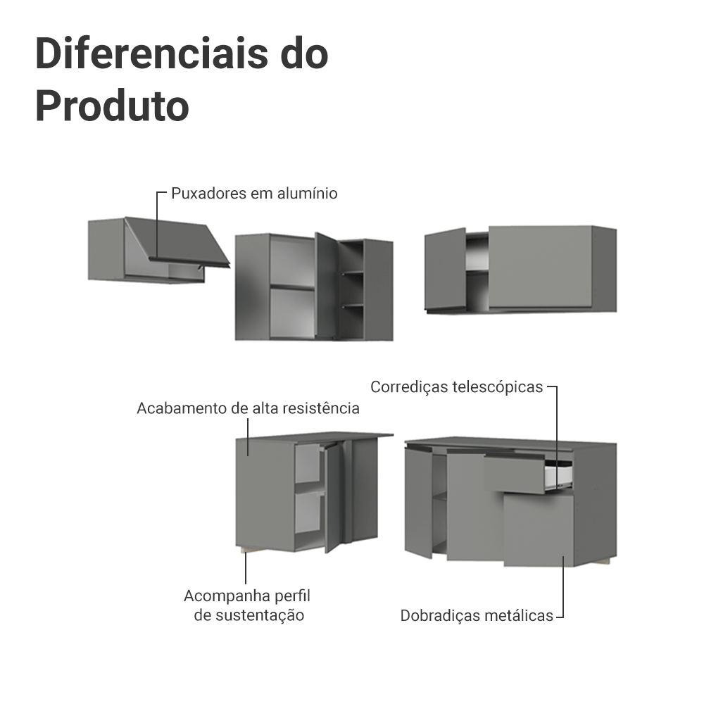 Armário de Cozinha Completa de Canto Suspenso 325cm Cinza Nice Madesa 05
