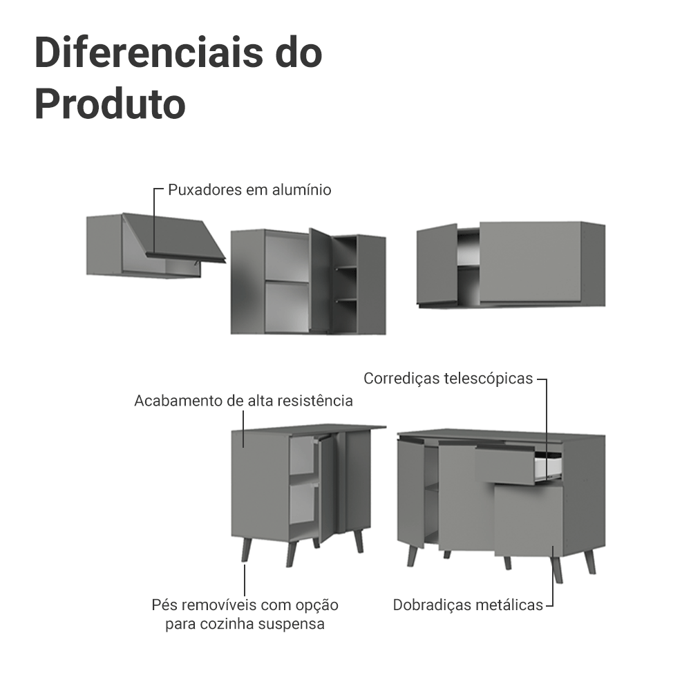 Armário de Cozinha Completa de Canto 325cm Cinza Nice Madesa 06