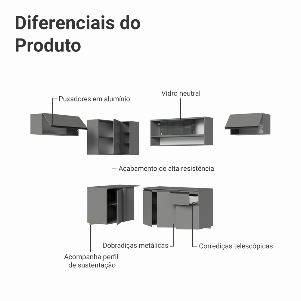 Armário de Cozinha Completa de Canto Suspenso 405cm Cinza Nice Madesa 04