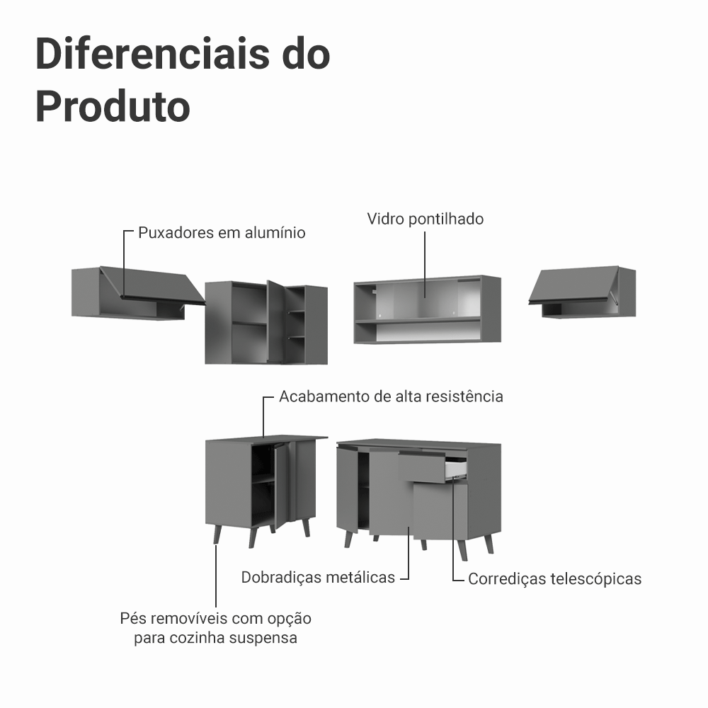 Armário de Cozinha Completa de Canto 405cm Cinza Nice Madesa 05