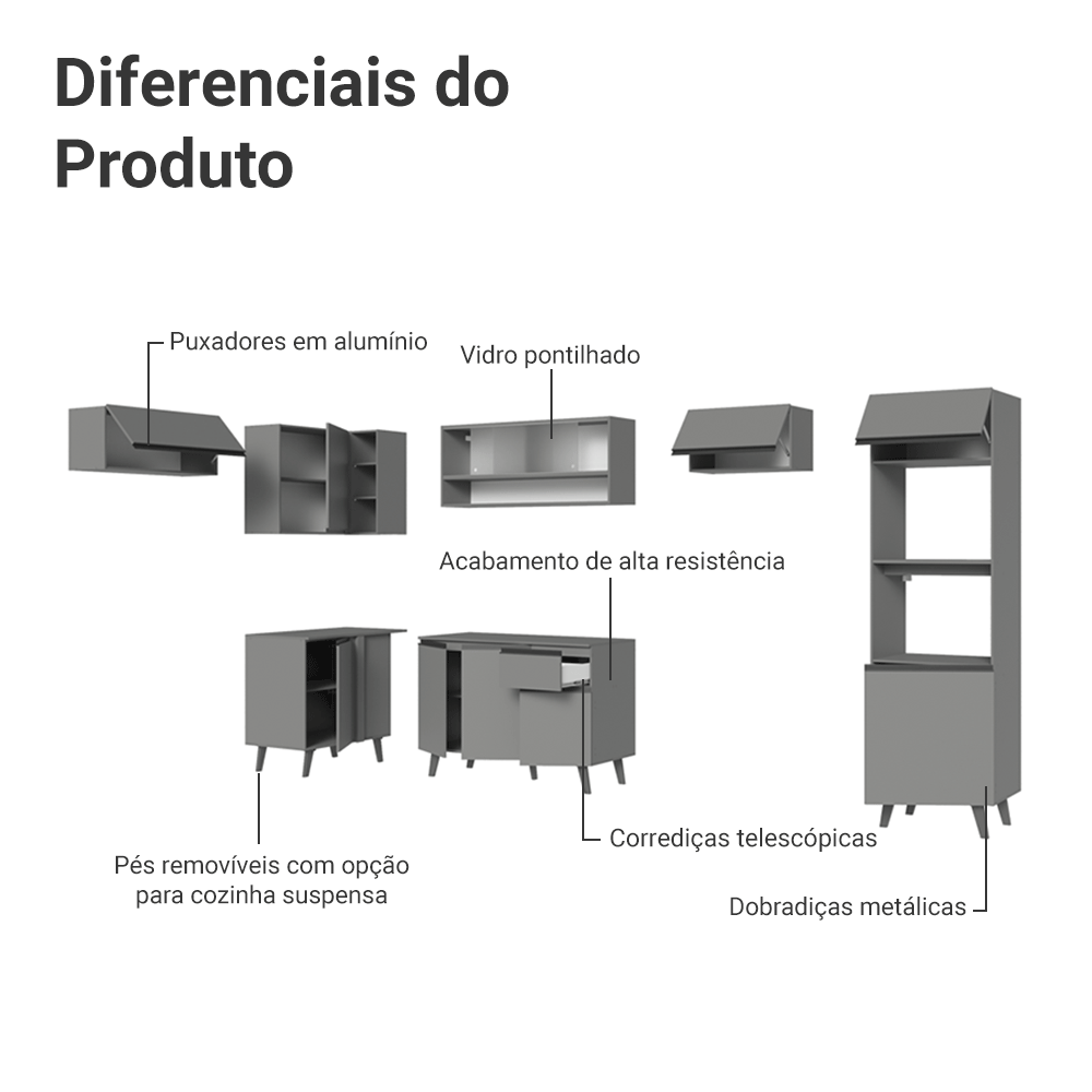 Armário de Cozinha Completa de Canto 465cm Cinza Nice Madesa 08
