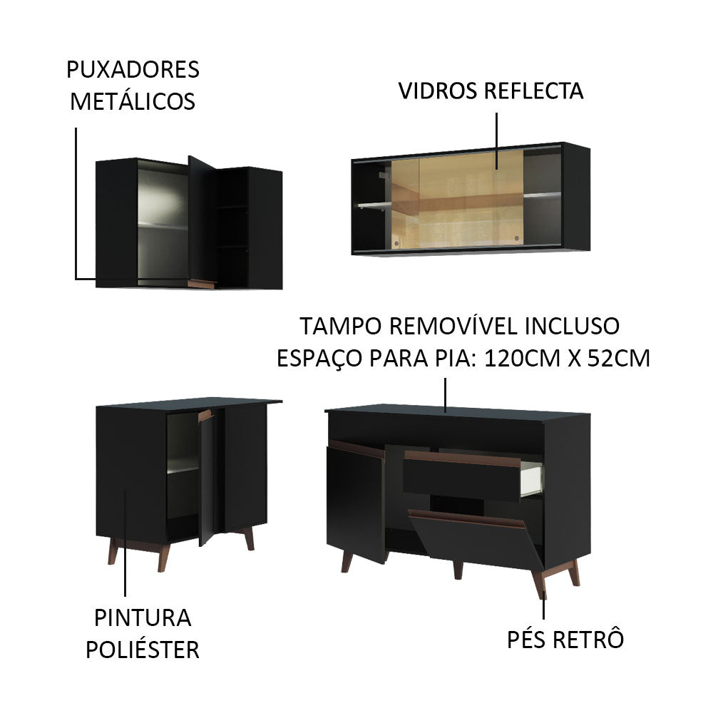 Armário de Cozinha Completa de Canto 262cm Preto Reims Madesa 01
