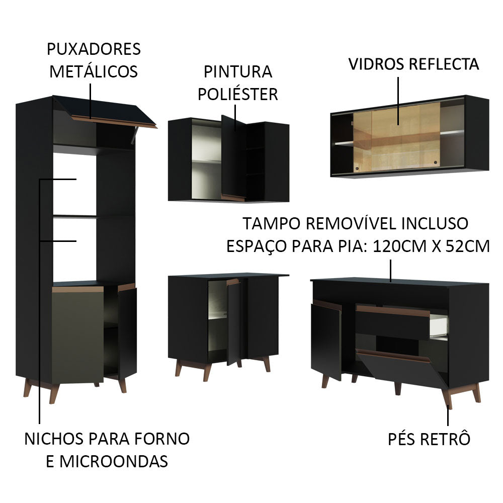 Armário de Cozinha Completa de Canto 332cm Preto Reims Madesa 01