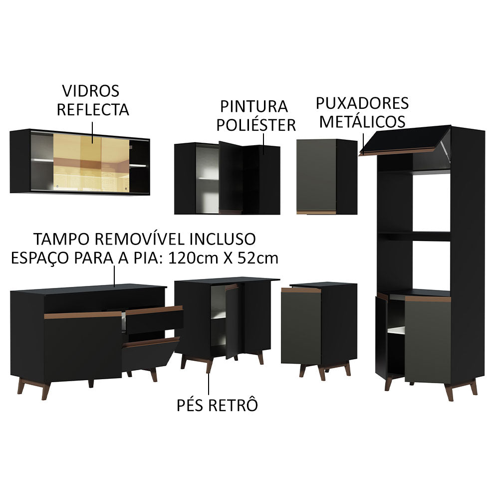 Armário de Cozinha Completa de Canto 367cm Preto Reims Madesa 01