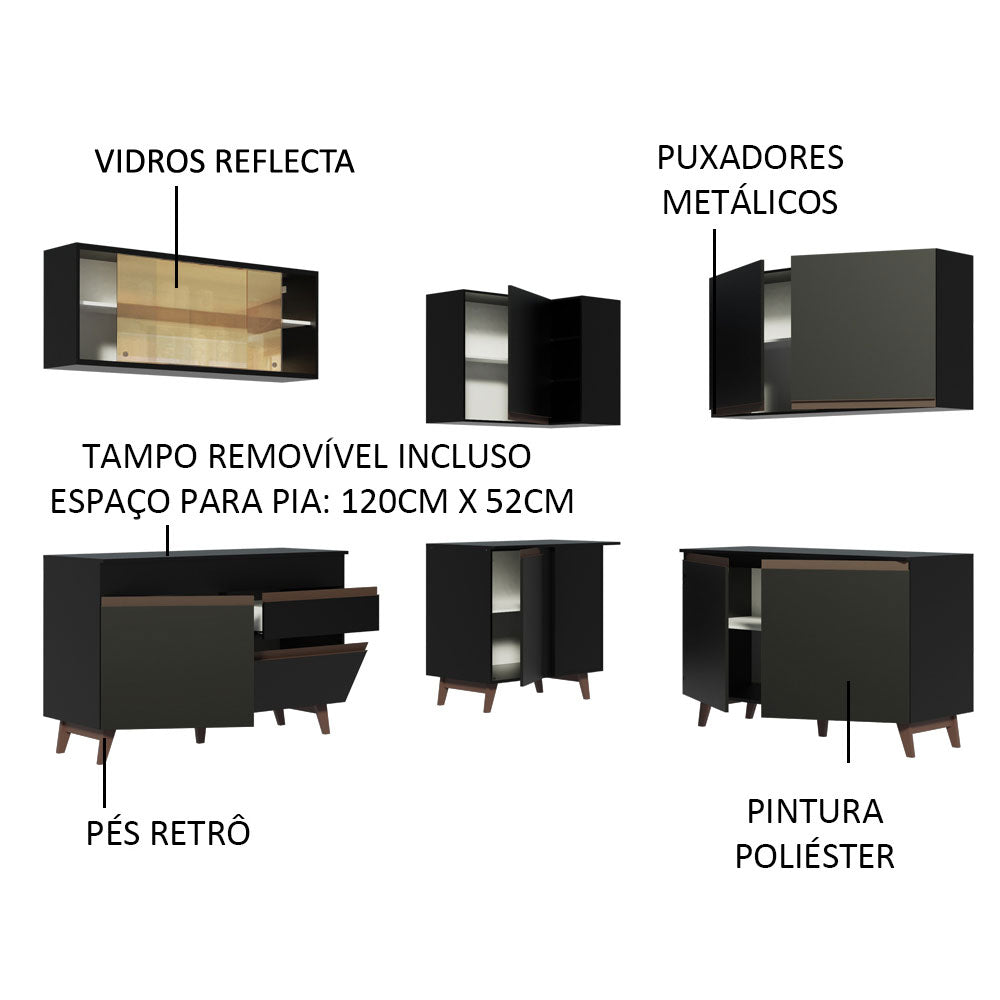 Armário de Cozinha Completa de Canto 382cm Preto Reims Madesa 01