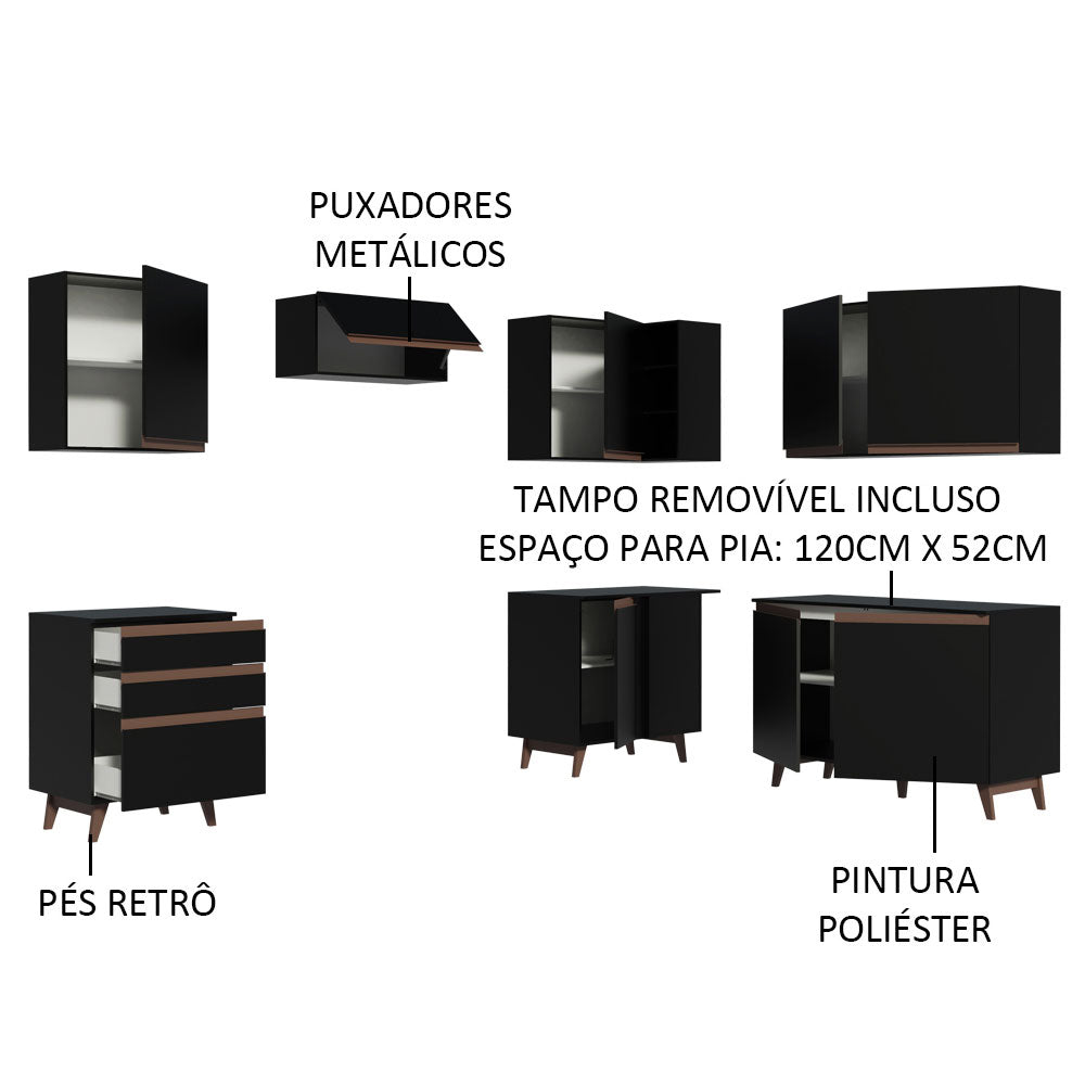 Armário de Cozinha Completa de Canto 392cm Preto Reims Madesa 01