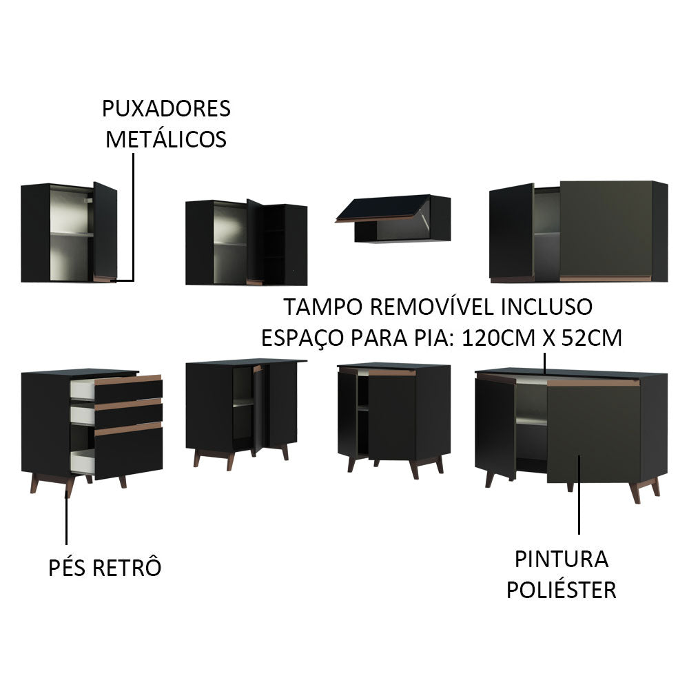 Armário de Cozinha Completa de Canto 392cm Preto Reims Madesa 02
