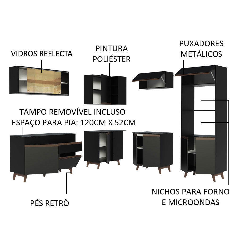 Armário de Cozinha Completa de Canto 402cm Preto Reims Madesa 01