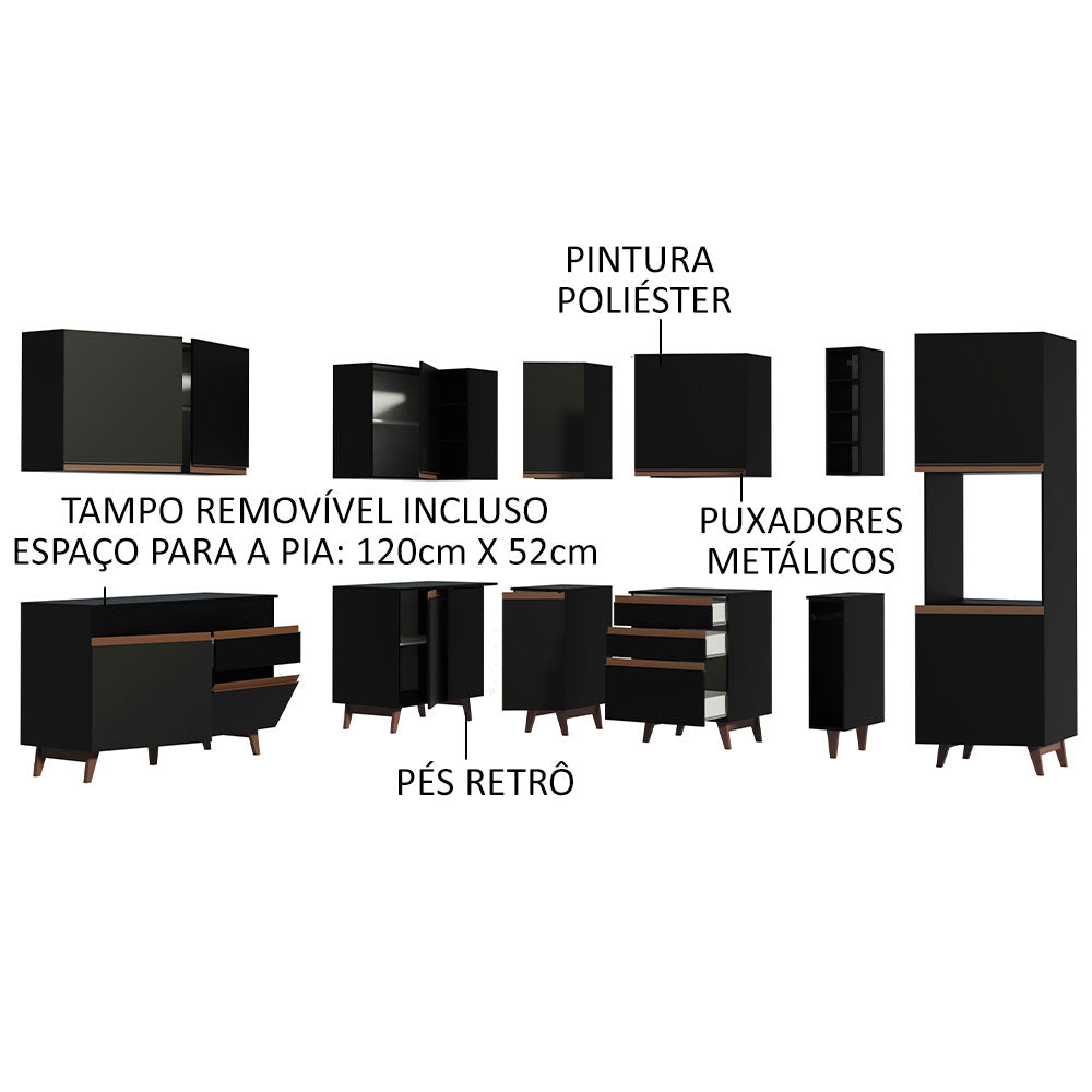 Armário de Cozinha Completa de Canto 437cm Preto Reims Madesa 01