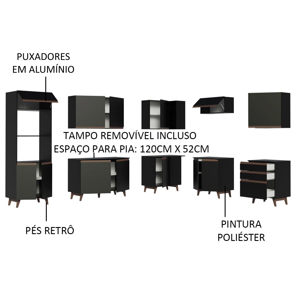 Armário de Cozinha Completa de Canto 462cm Preto Reims Madesa 01