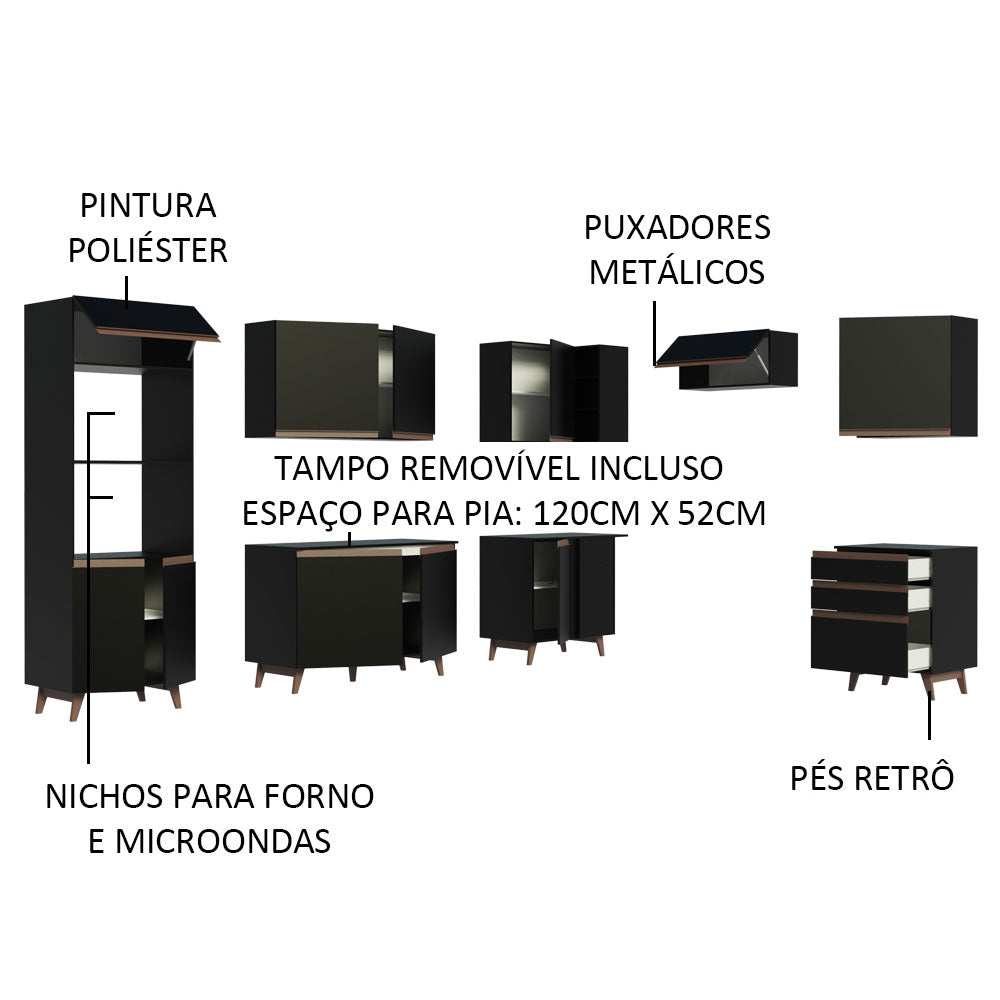 Armário de Cozinha Completa de Canto 462cm Preto Reims Madesa 02
