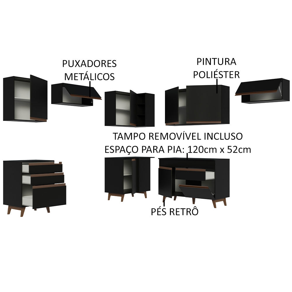 Armário de Cozinha Completa de Canto 462cm Preto Reims Madesa 03