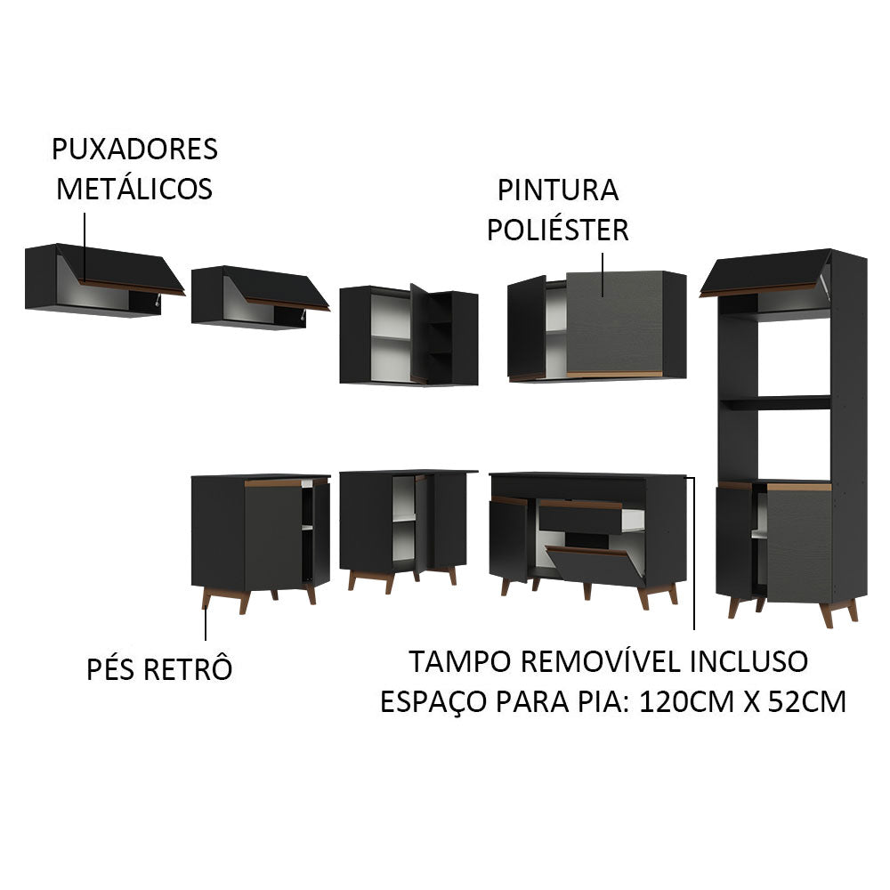 Armário de Cozinha Completa de Canto 472cm Preto Reims Madesa 01