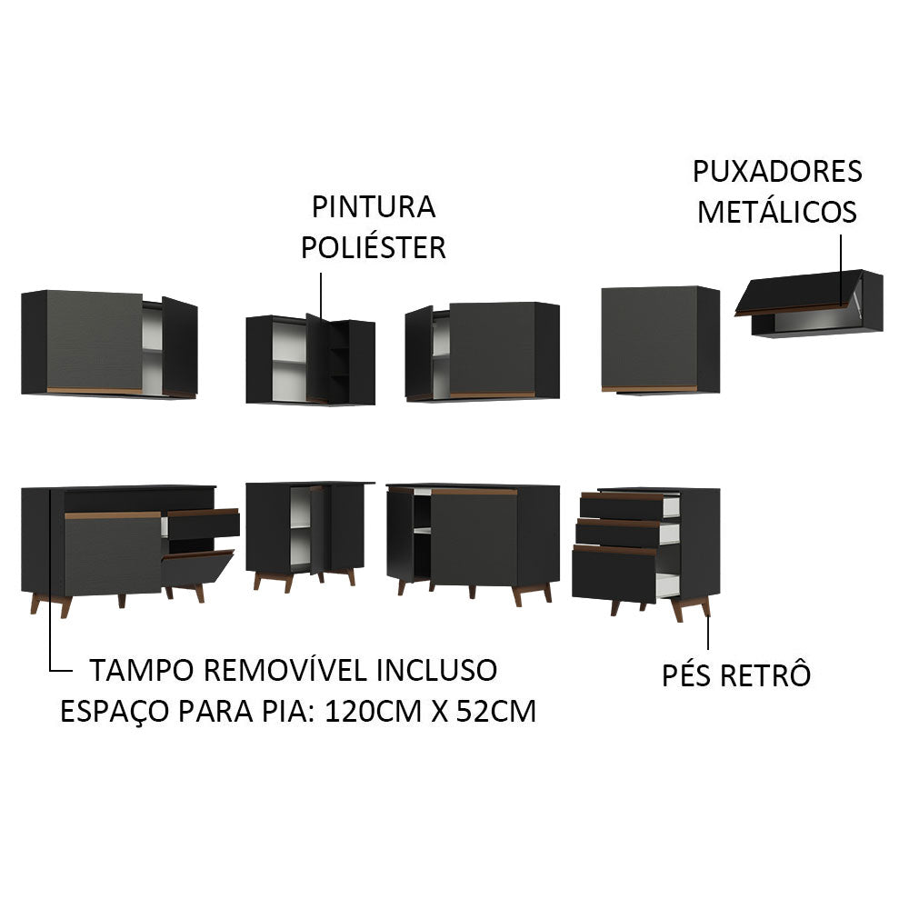 Armário de Cozinha Completa de Canto 512cm Preto Reims Madesa 01