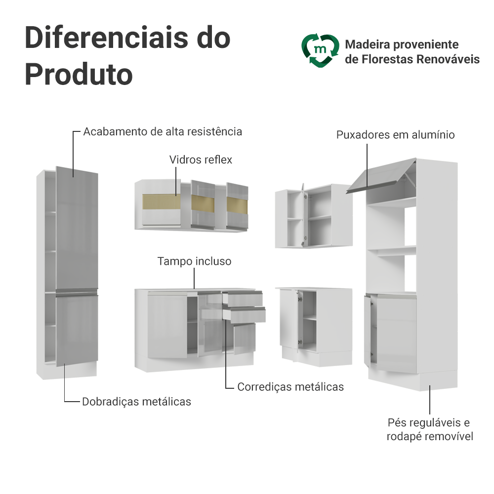 Armário de Cozinha Completa de Canto 100% MDF 377cm Smart Branco Brilhante Madesa 01