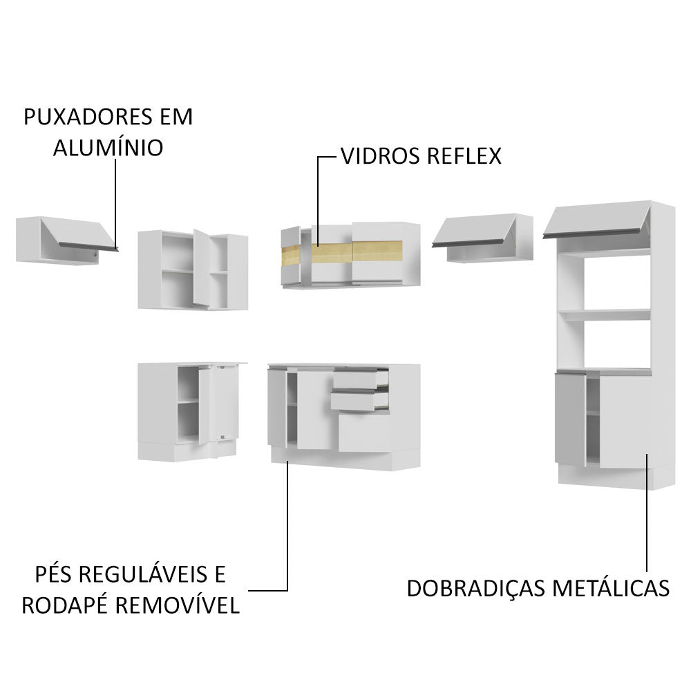 Armário de Cozinha Completa de Canto 100% MDF 447cm Branco Smart Madesa 01