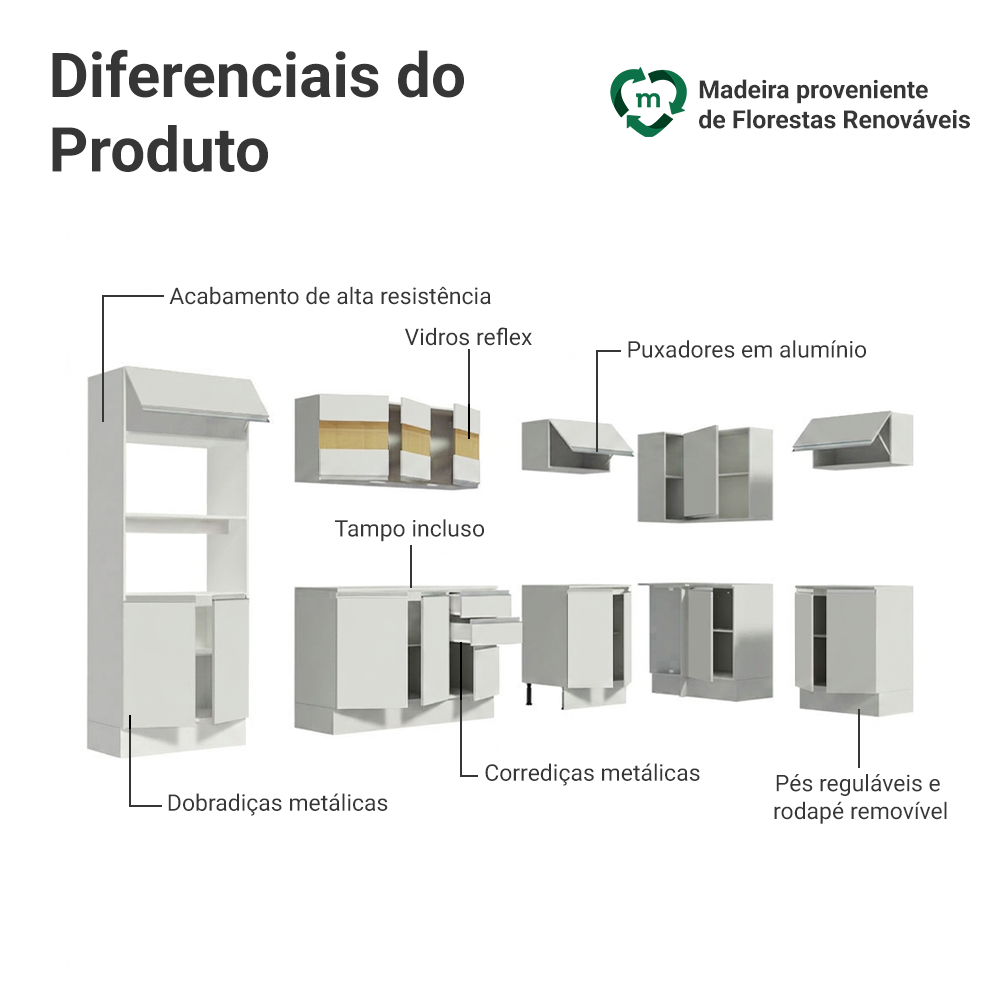 Armário de Cozinha Completa de Canto 100% MDF 448cm Branco Smart Madesa 01