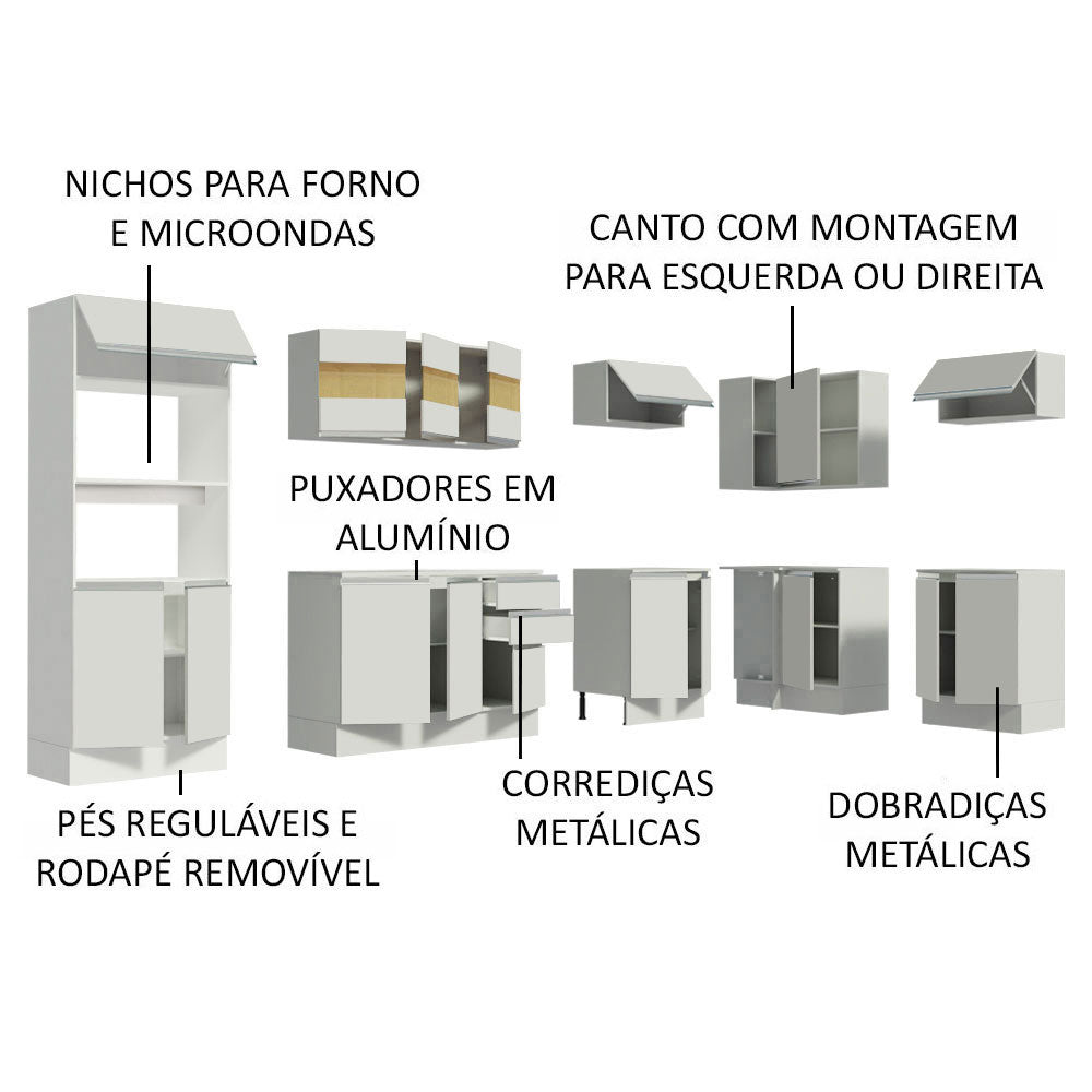 Armário de Cozinha Completa de Canto 100% MDF 448cm Branco Smart Madesa 01