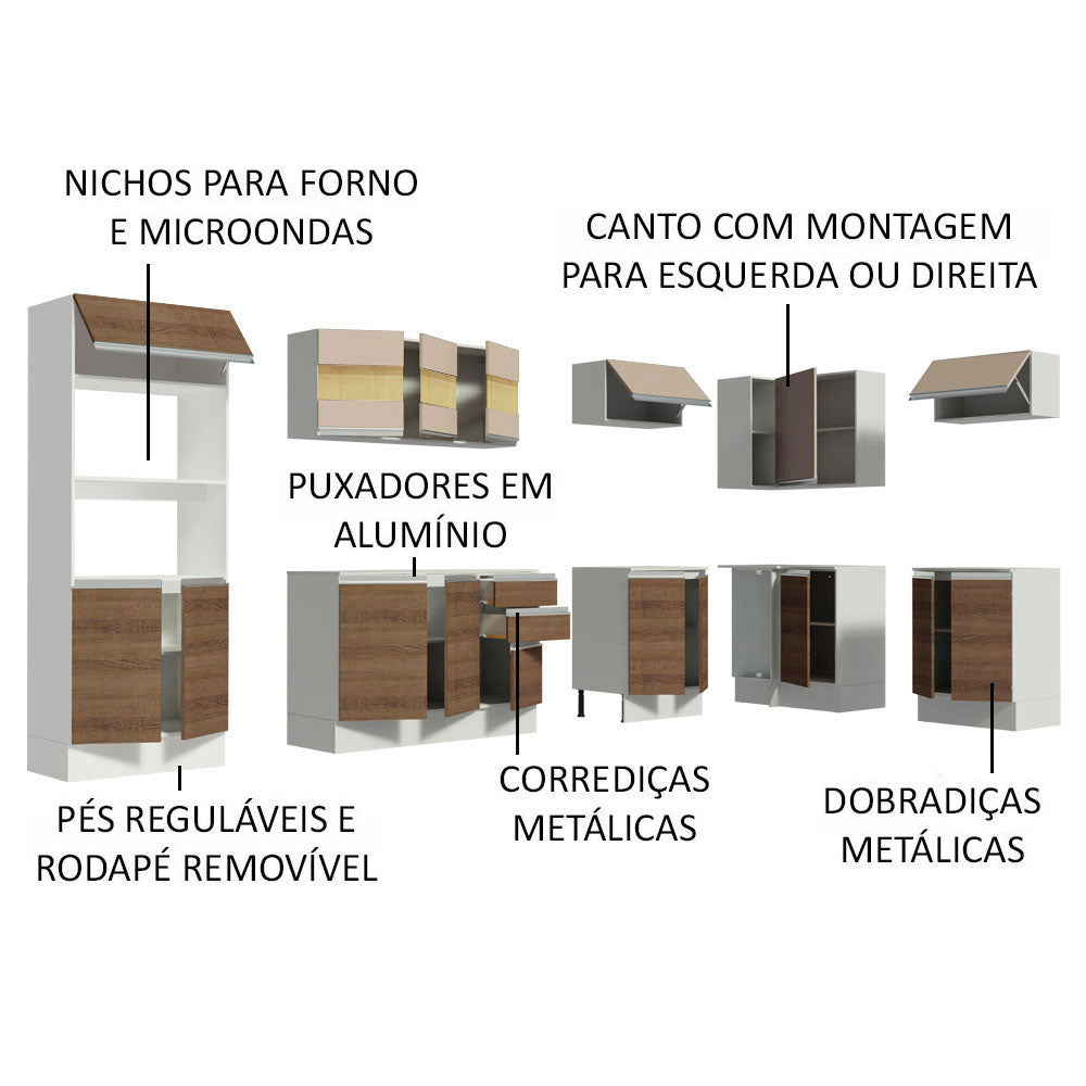 Armário de Cozinha Completa de Canto 100% MDF 448cm Branco/Rustic/Crema Smart Madesa 01