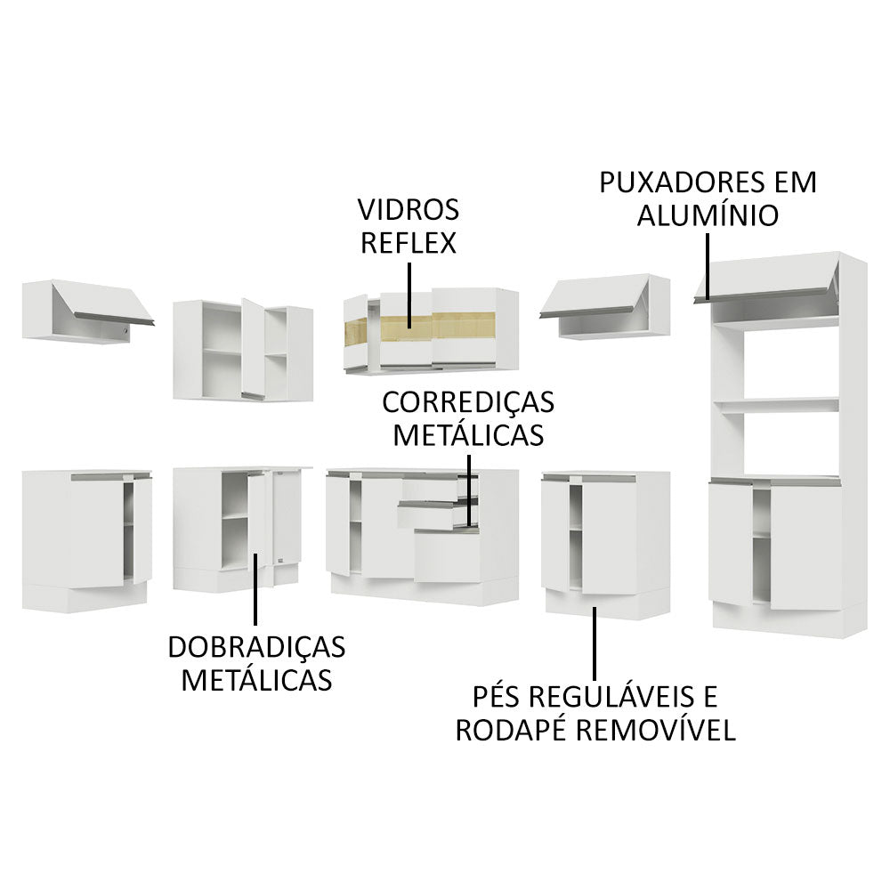 Armário de Cozinha Completa de Canto 100% MDF 447cm Frentes Branco Smart Madesa 02