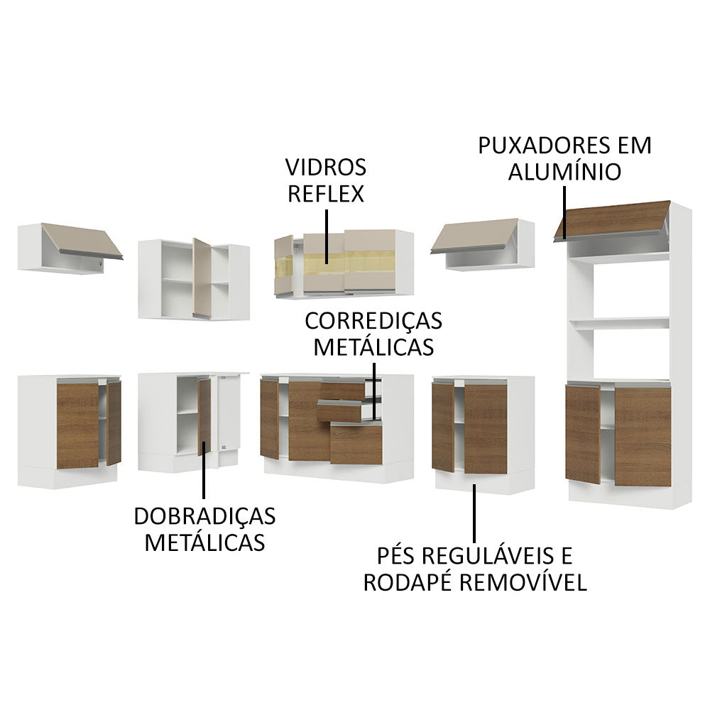 Armário de Cozinha Completa de Canto 100% MDF 447cm Branco/Rustic/Crema Smart Madesa 02
