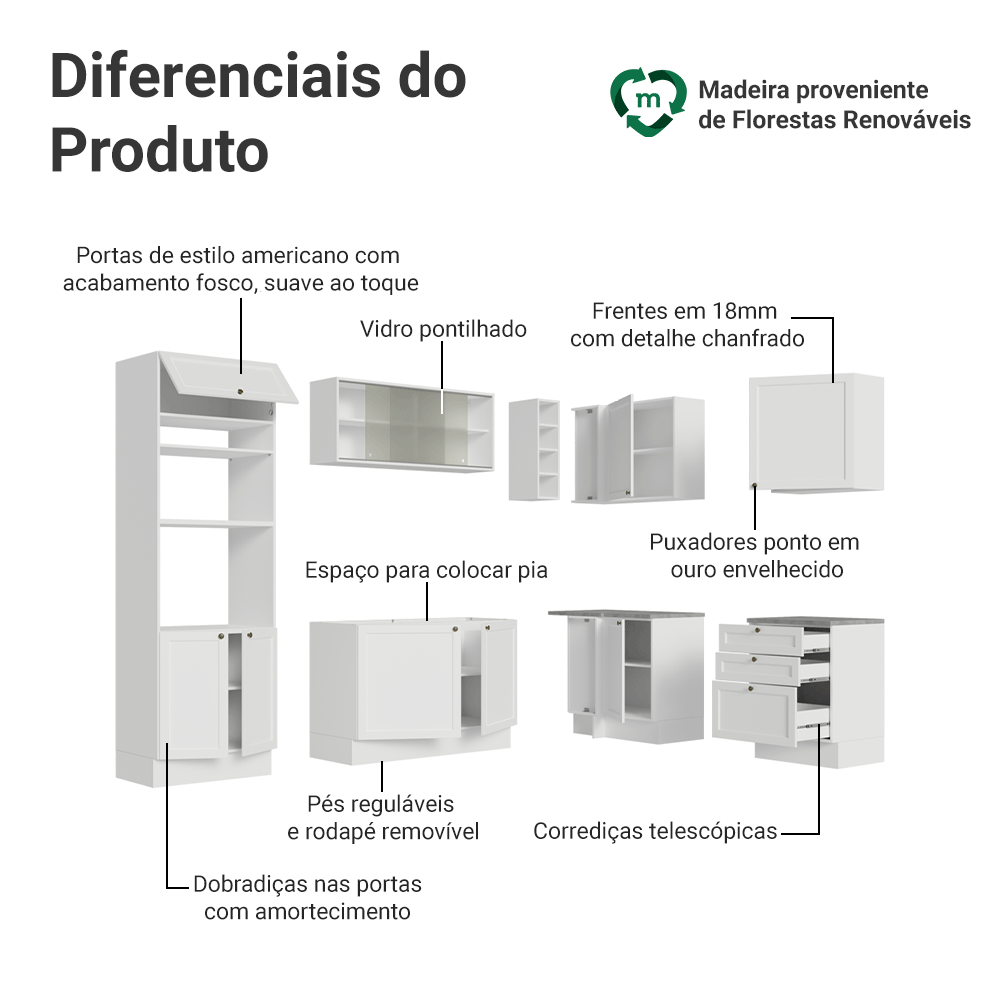 Armário de Cozinha Completa de Canto 399 cm Branco Vik Madesa 01