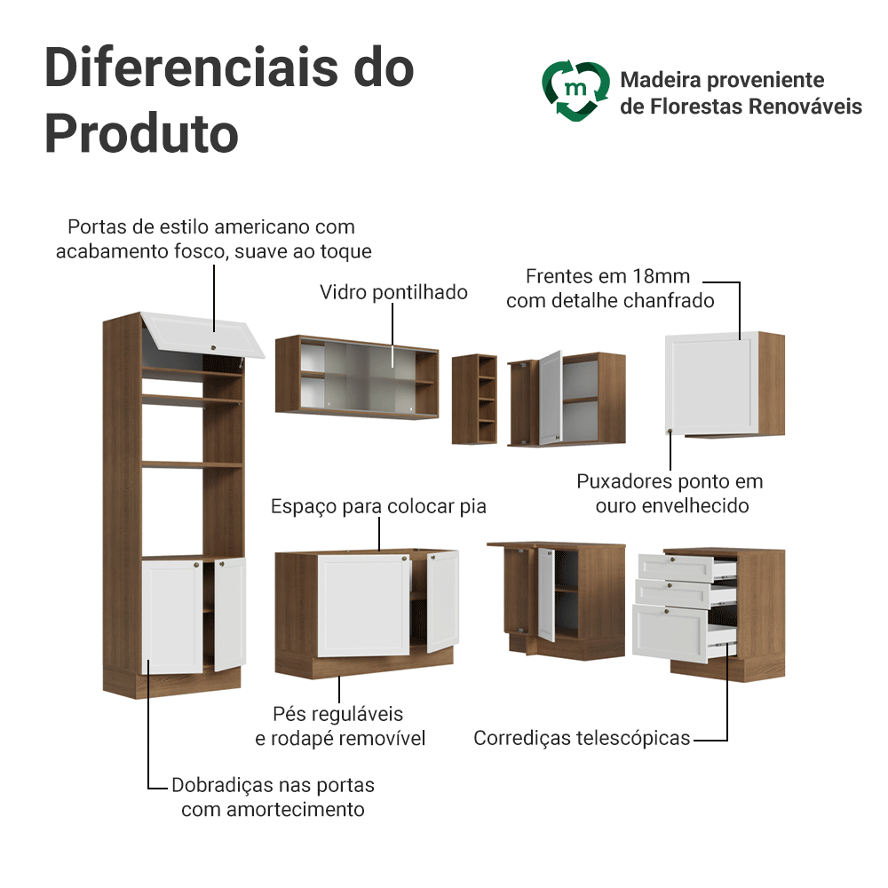Armário de Cozinha Completa de Canto 399 cm Rustic/Branco Vik Madesa 01