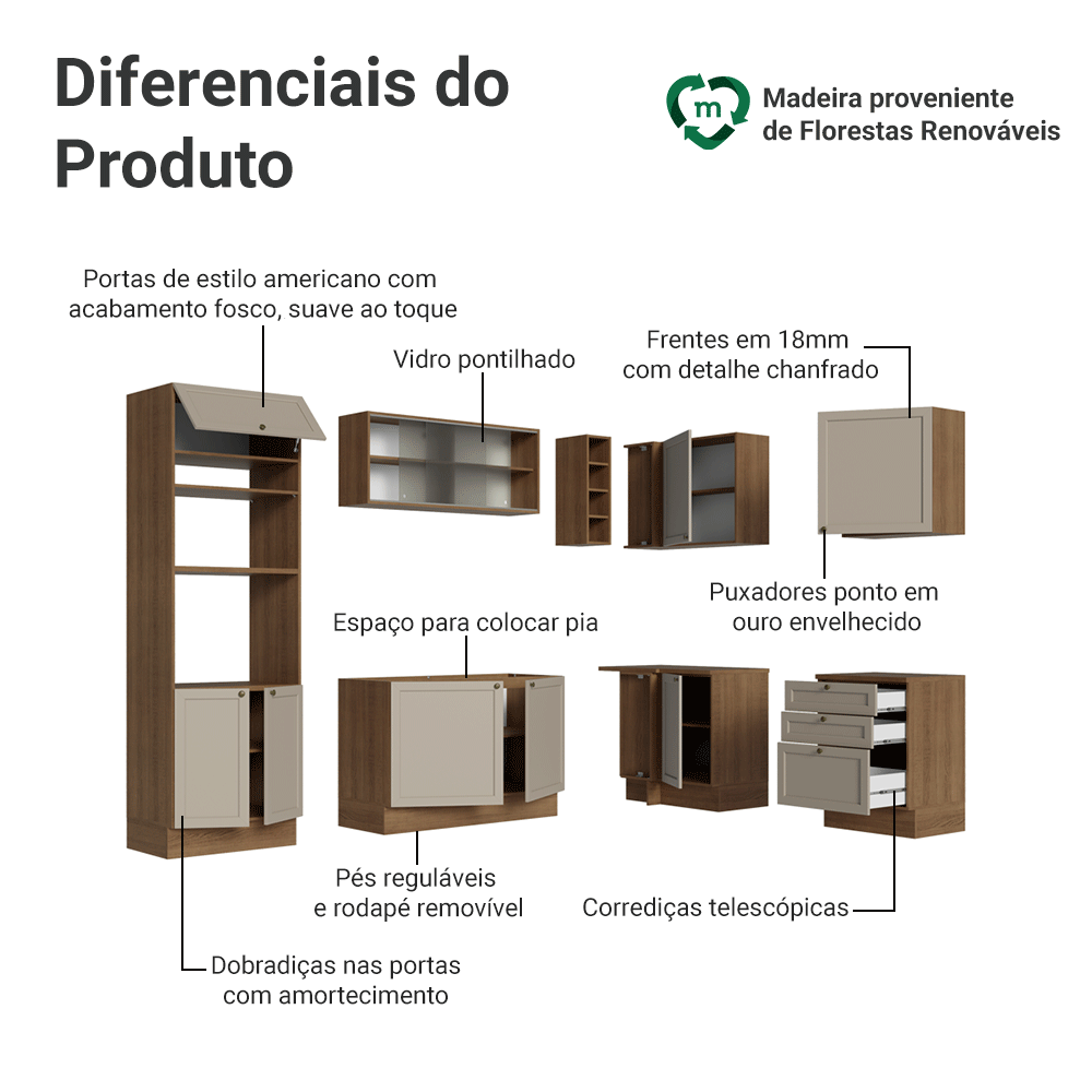 Armário de Cozinha Completa de Canto 399 cm Rustic/Crema Vik Madesa 01