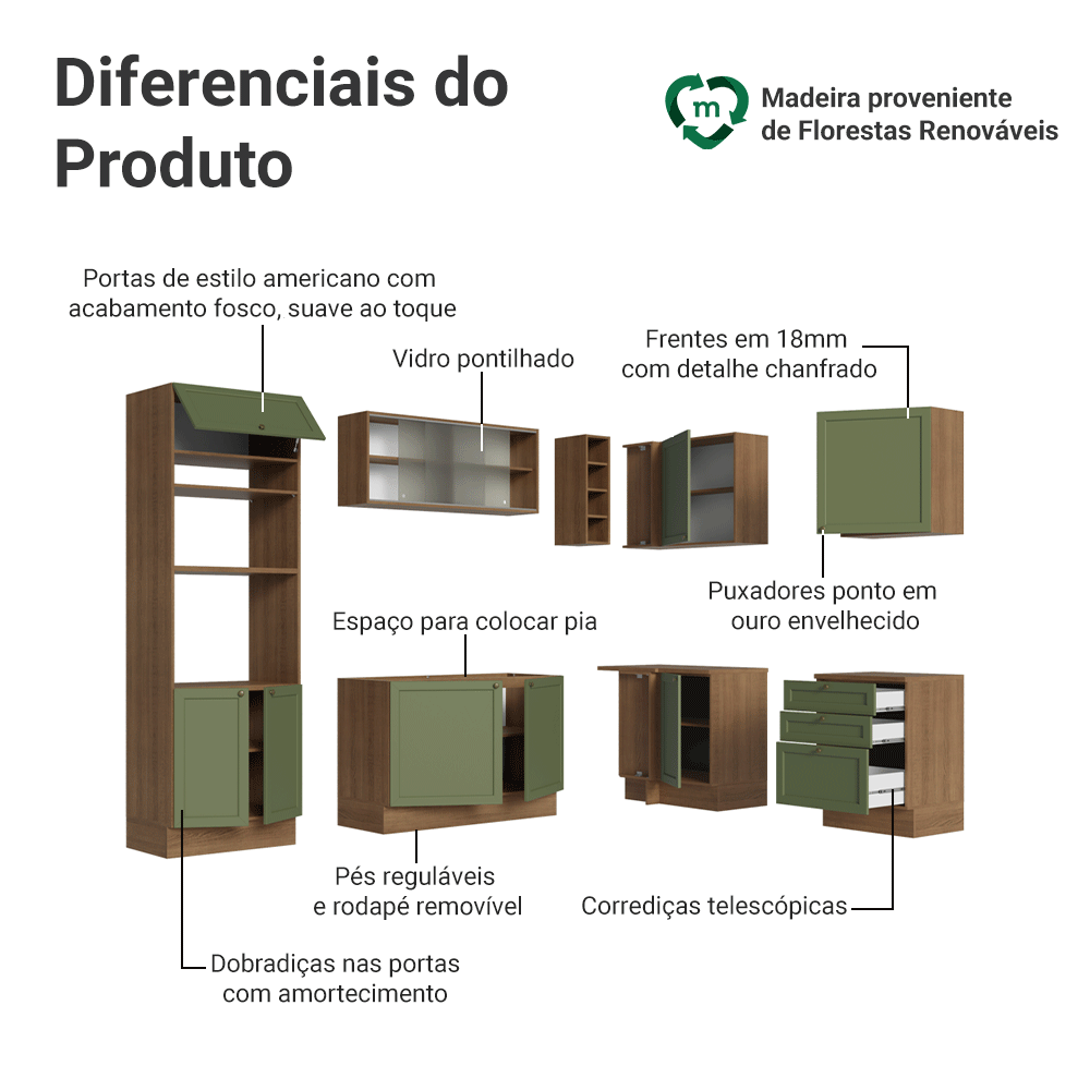 Armário de Cozinha Completa de Canto 399 cm Rustic/Verde Vik Madesa 01