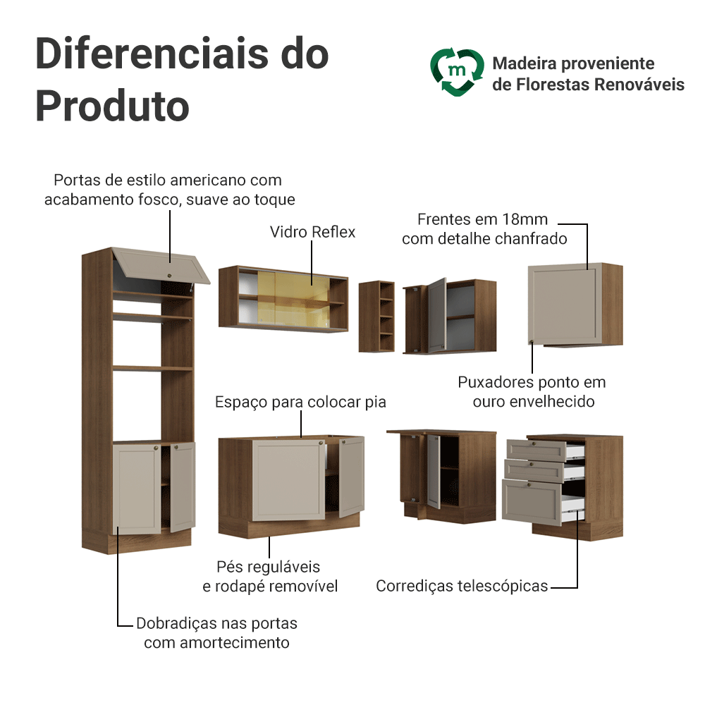 Armário de Cozinha Completa de Canto 399 cm Rustic/Crema Vik Madesa 02