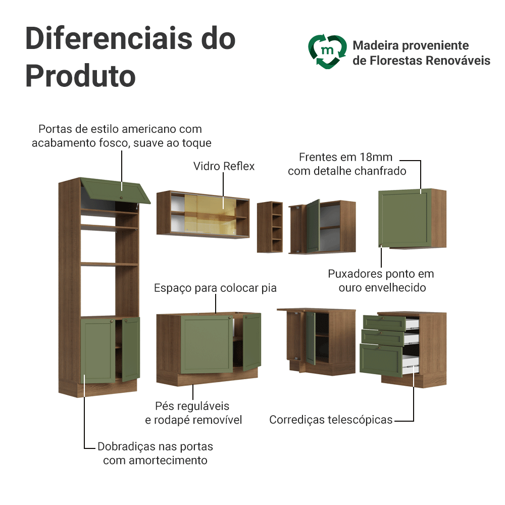 Armário de Cozinha Completa de Canto 399 cm Rustic/Verde Vik Madesa 02