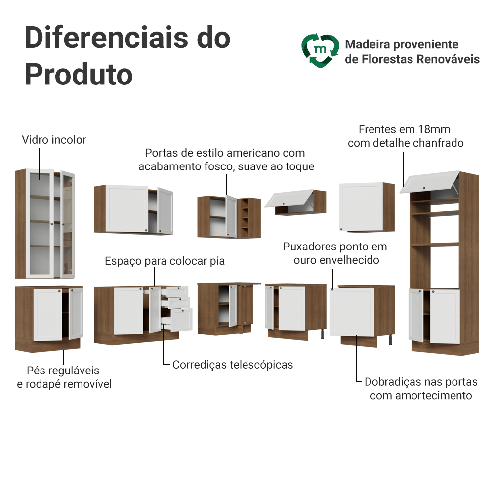 Armário de Cozinha Completa de Canto 549 cm Rustic/Branco Vik Madesa 01
