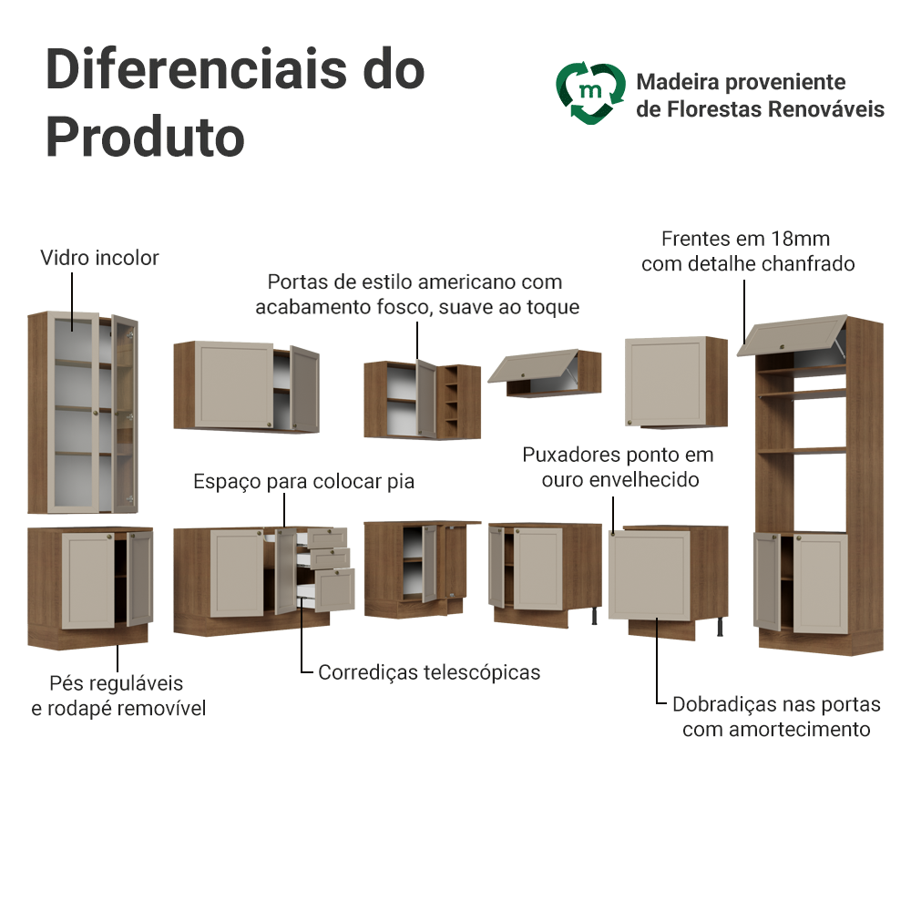 Armário de Cozinha Completa de Canto 549 cm Rustic/Crema Vik Madesa 01