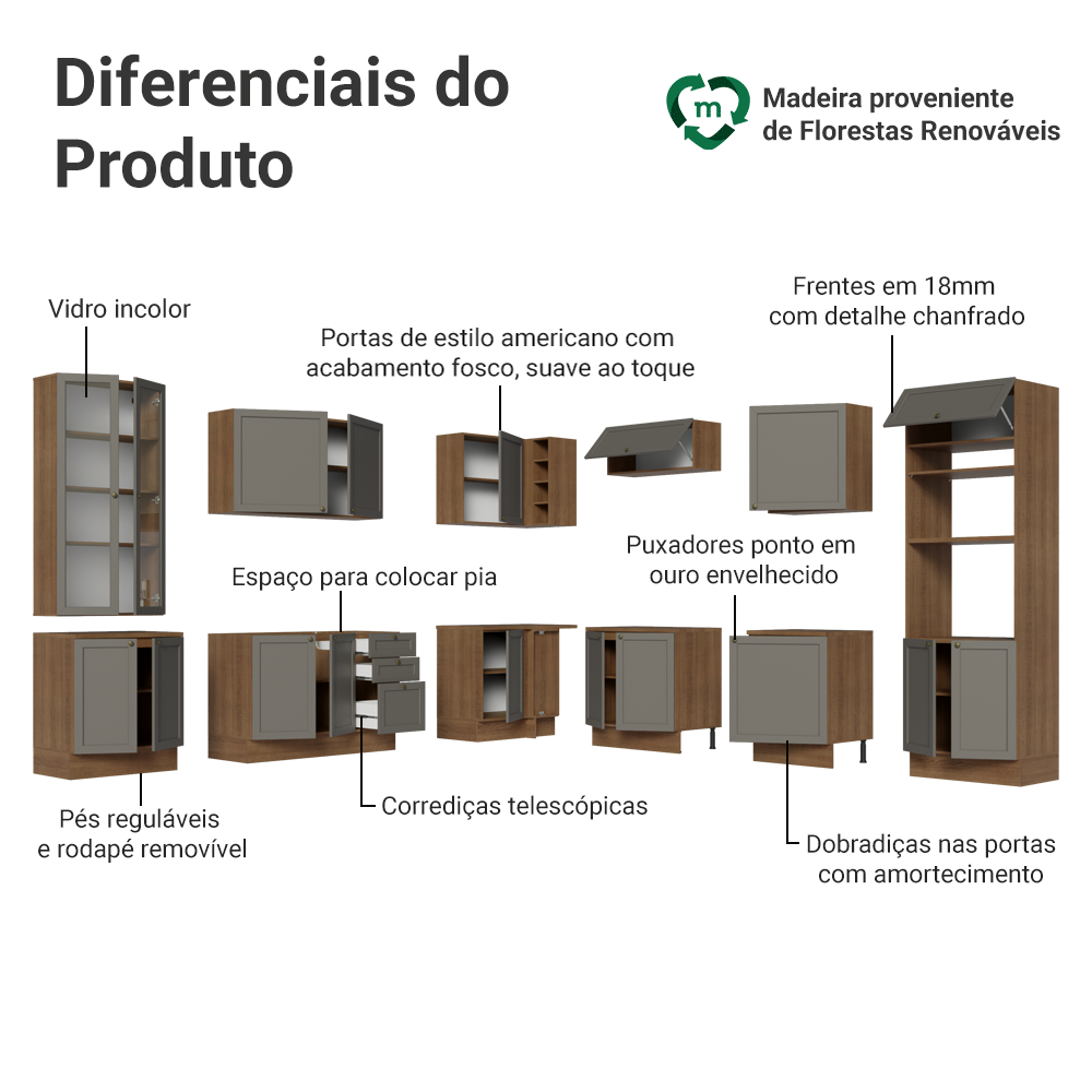 Armário de Cozinha Completa de Canto 549 cm Rustic/Cinza Vik Madesa 01