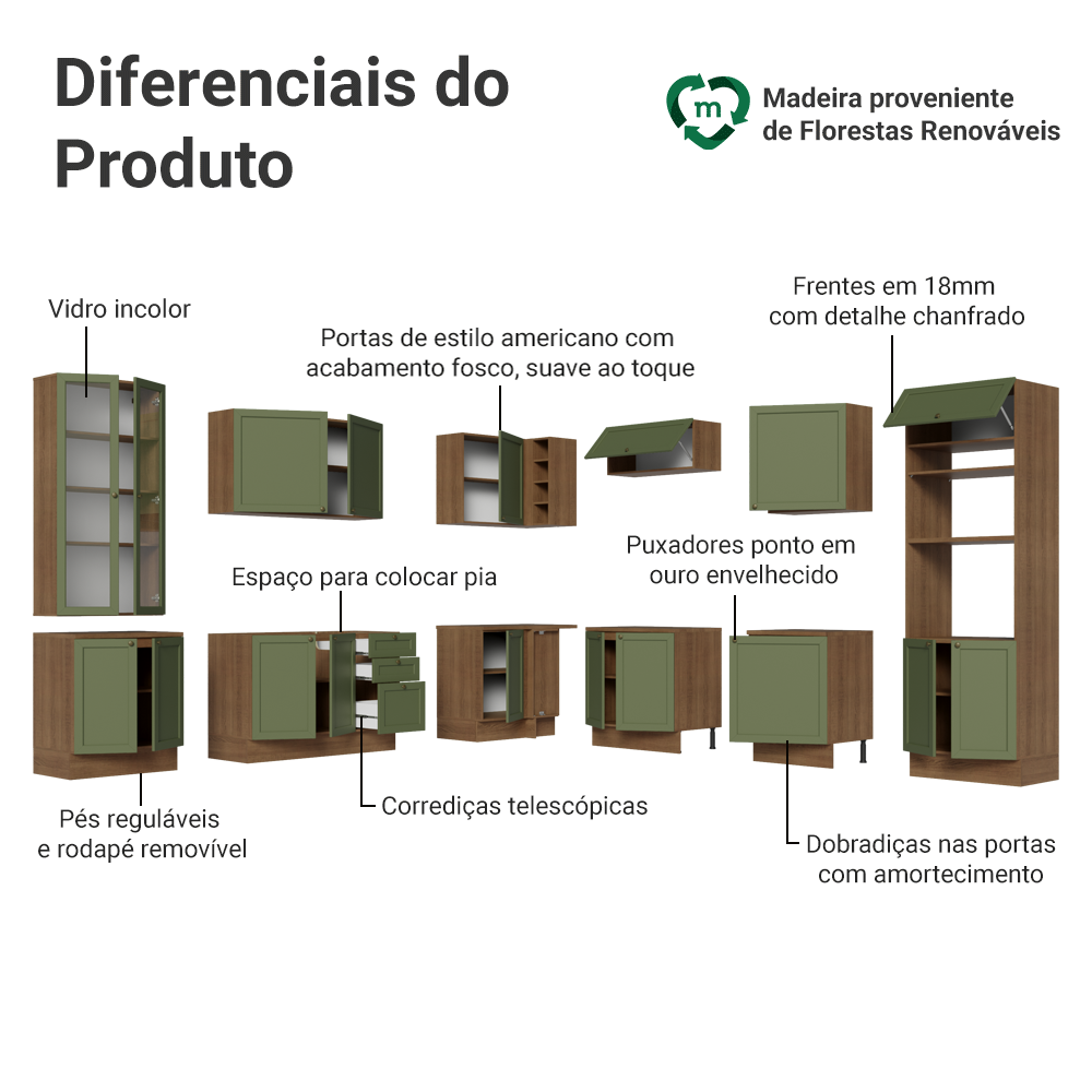 Armário de Cozinha Completa de Canto 549 cm Rustic/Verde Vik Madesa 01