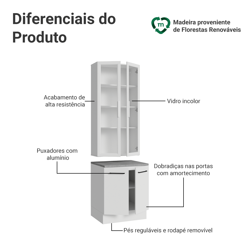 Kit Balcão + Cristaleira 70cm Branco Agata Madesa 02